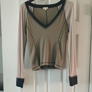 Pilcro V-Neck Long Sleeve Top - Black and Tan And Olive Green